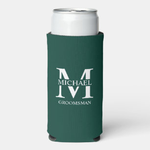 Enfriador De Latas Slim Monograma y nombre del Groomsman personalizado clá