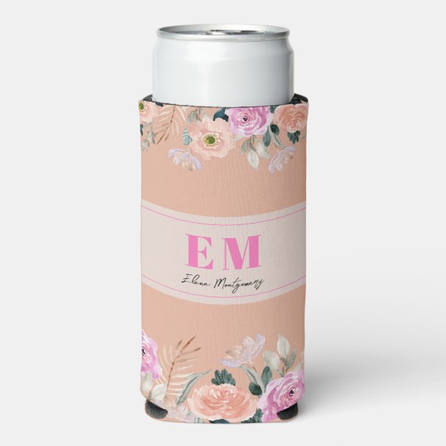 Enfriador De Latas Slim Monogramado Frasco - Floral rosa polvoriento (Frente Agua con Gas)