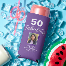 Enfriador De Latas Slim Morado 50 y fabulosa foto de cumpleaños 50