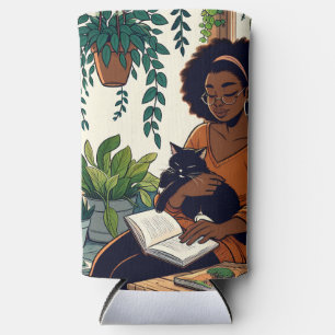 Enfriador De Latas Slim Mujer relajándose con su gato, libro y plantas