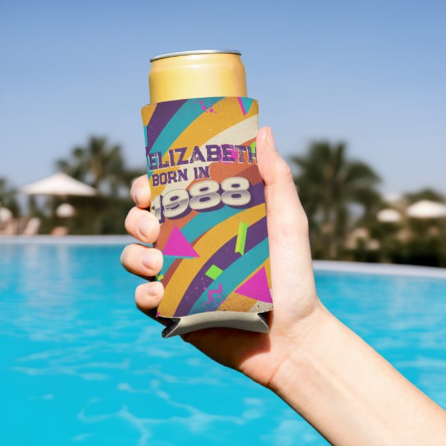 Enfriador De Latas Slim Nacido en 1988 - Nombre geométrico neón retro 80 (Piscina in situ)