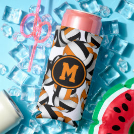 Enfriador De Latas Slim naranja negro patrón de voleibol con monograma de 