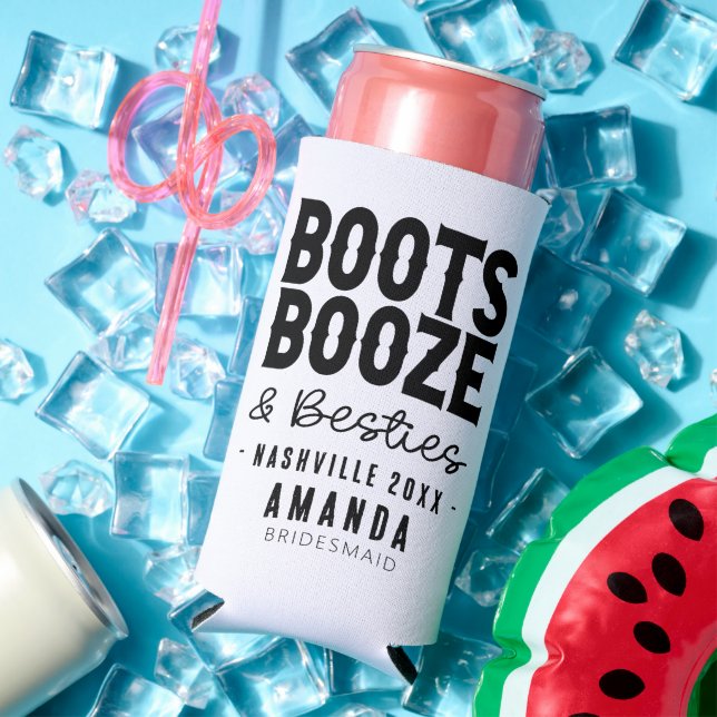 Enfriador De Latas Slim Nashville Bachelorette Boots Booze Besties Persona (Verano in situ)