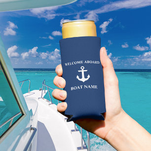 Enfriador De Latas Slim Nautical Bote Name Anchor Navy Blue Welcome