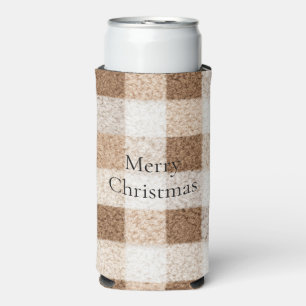 Enfriador De Latas Slim Navidad Cuadros Rayas Marrón Crema Cálida Acogedor