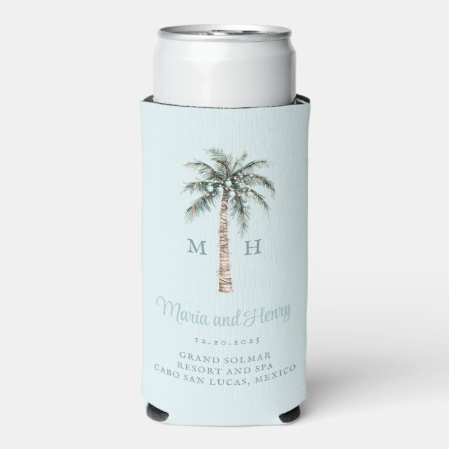 Enfriador De Latas Slim Navidades Palm Tree | Monograma de boda de playa (Frente Agua con Gas)