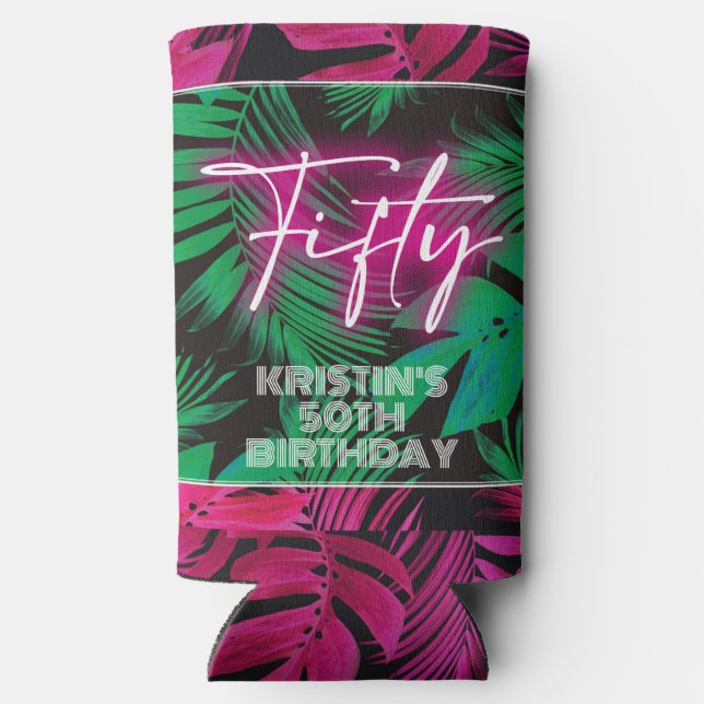Enfriador De Latas Slim Neon Pink Tropical 50 cumpleaños (Reverso )
