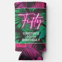 Enfriador De Latas Slim Neon Pink Tropical 50 cumpleaños