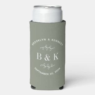 Enfriador De Latas Slim Nombre de pareja de monograma froral verde sabio