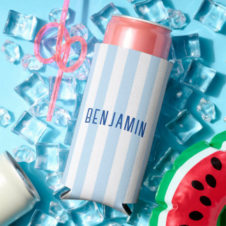 Enfriador De Latas Slim Nombre Moderno de Raya Azul y Blanco