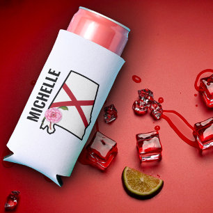 Enfriador De Latas Slim Nombre personalizado Bandera de Alabama y camellia