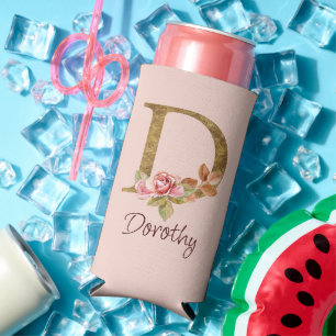 Enfriador De Latas Slim Nombre personalizado Blush Rosas Rosadas Hoja de O