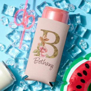 Enfriador De Latas Slim Nombre personalizado Blush rosas rosadas hoja dora