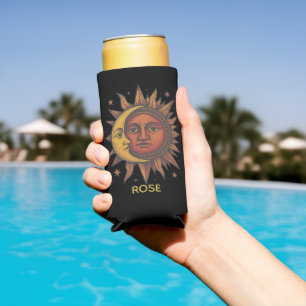 Enfriador De Latas Slim Nombre personalizado Boho Retro Sun y Moon