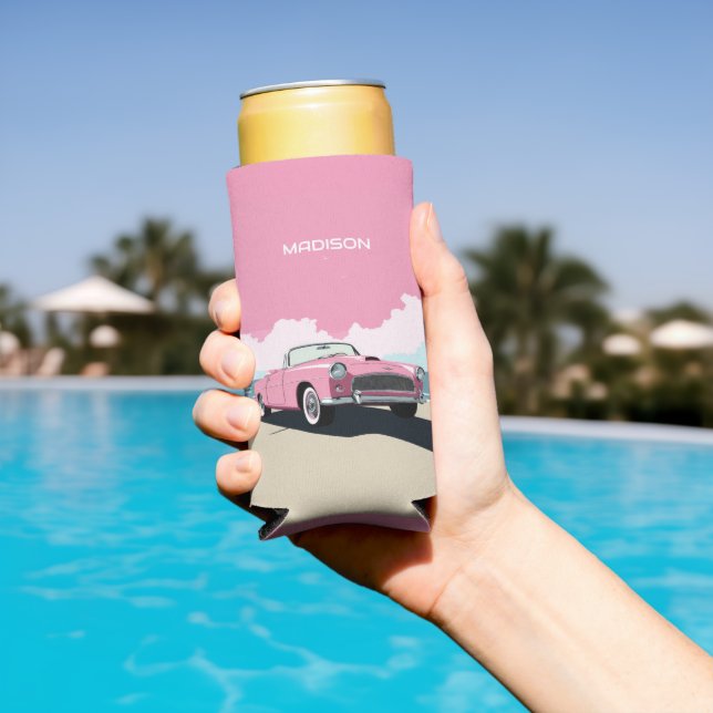 Enfriador De Latas Slim Nombre personalizado Coche clásico rosado (Piscina in situ)