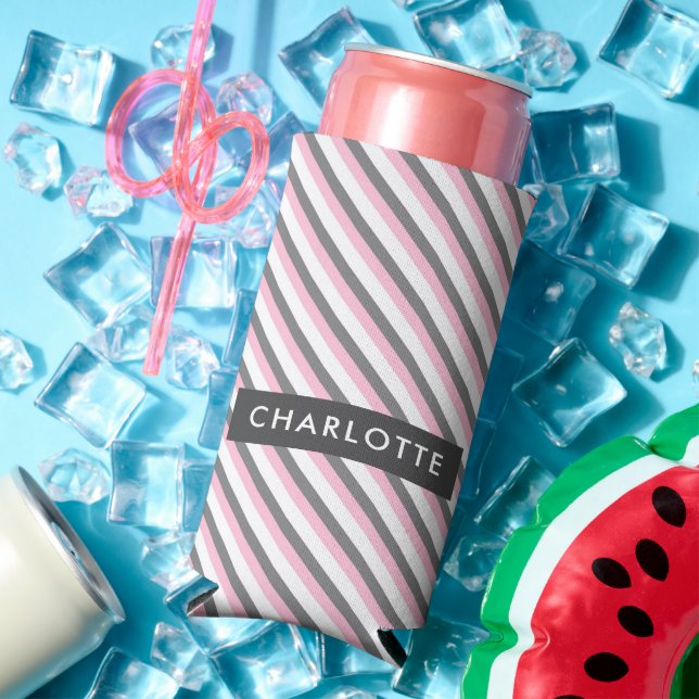 Enfriador De Latas Slim Nombre personalizado del patrón de rayas diagonale (Verano in situ)