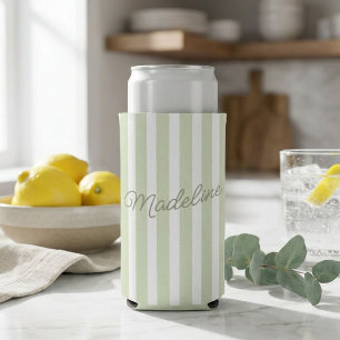 Enfriador De Latas Slim Nombre Personalizado Franjas Verde Salvia Personal