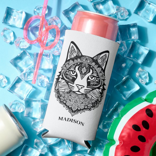 Enfriador De Latas Slim Nombre personalizado Gato ornamental (Verano in situ)