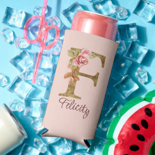 Enfriador De Latas Slim Nombre personalizado letra F hoja de oro rosas ros