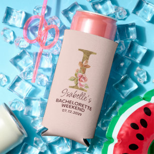 Enfriador De Latas Slim Nombre personalizado letra I Rosas rosadas con toq