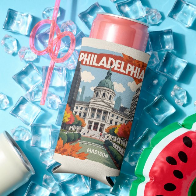 Enfriador De Latas Slim Nombre personalizado Retro Filadelfia (Verano in situ)