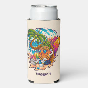 Enfriador De Latas Slim Nombre personalizado Surfing Pineapple