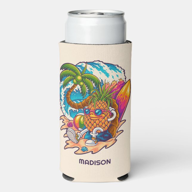 Enfriador De Latas Slim Nombre personalizado Surfing Pineapple (Reverso Agua con Gas)