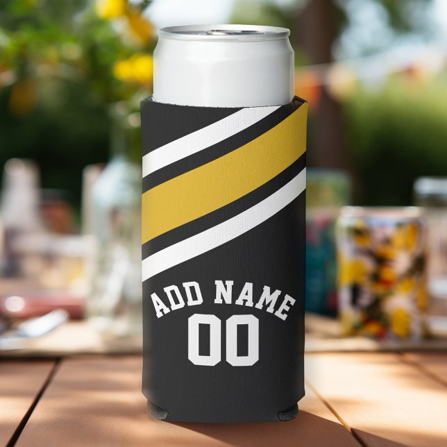 Enfriador De Latas Slim Nombro personalizado de Jersey de Black Yellow Spo (Football Birthday Party Personalized can coolers - add your name)