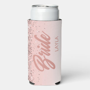 Enfriador De Latas Slim Novia Rosa Dorado Glitter Letra Personalizada