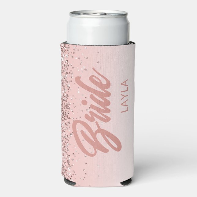 Enfriador De Latas Slim Novia Rosa Dorado Glitter Script Nombre Personaliz (Reverso Agua con Gas)