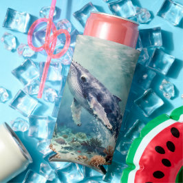 Enfriador De Latas Slim Oceanic Blue Whale and Coastal Poem