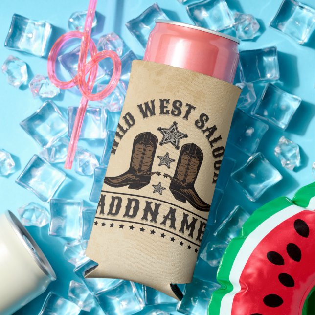 Enfriador De Latas Slim Oeste de Cowboy Boots AÑADIR NOMBRE sheriff Spurs  (Verano in situ)