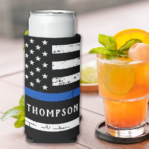 Enfriador De Latas Slim Oficial de Policía Personalizado Línea Azul Delgad