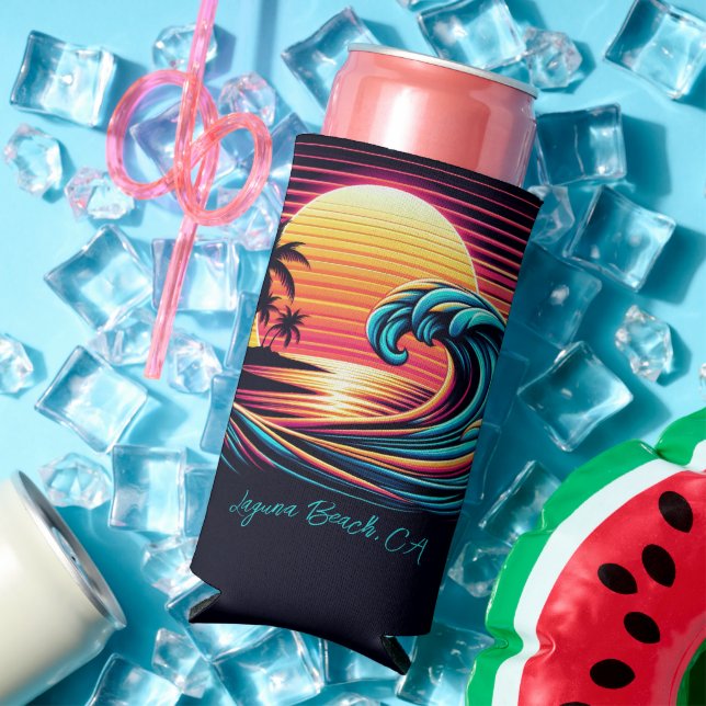 Enfriador De Latas Slim Ola de surf Sunset Retro (Verano in situ)