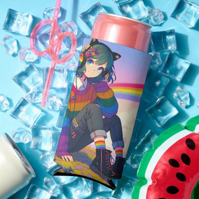 Enfriador De Latas Slim Orgullo lésbico LGBTQIA+ Chica de anime personaliz (Verano in situ)