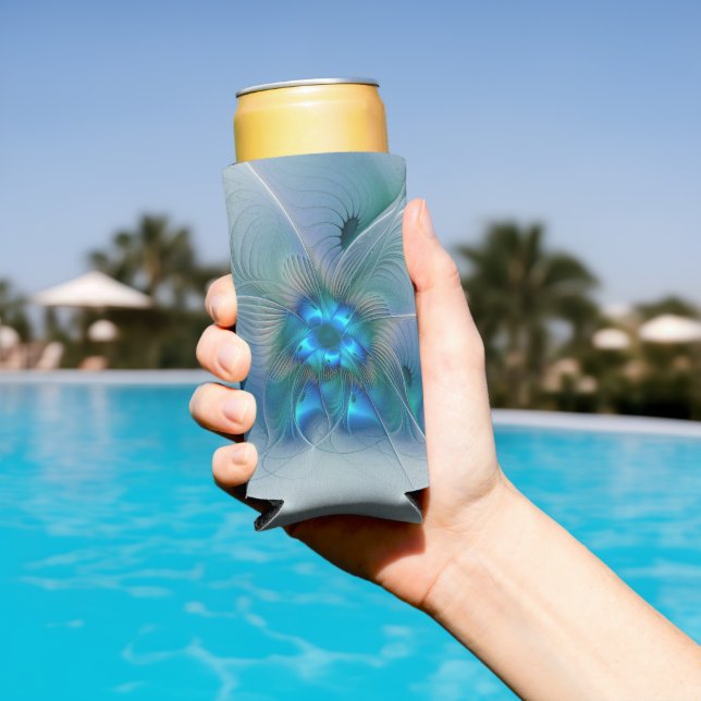 Enfriador De Latas Slim Ovejas en pie, abstracto fractal turquesa azul (Piscina in situ)