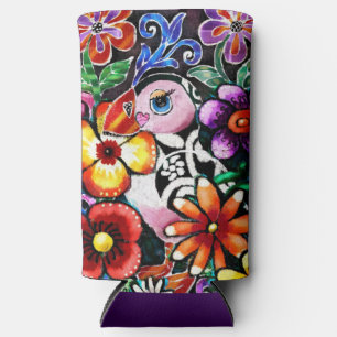 Enfriador De Latas Slim Pájaro frailecillo abstracto caprichoso en flores