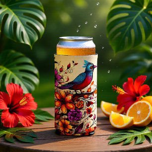 Enfriador De Latas Slim Pájaro Rojo Vibrante y Flores Silvestres Botánica 