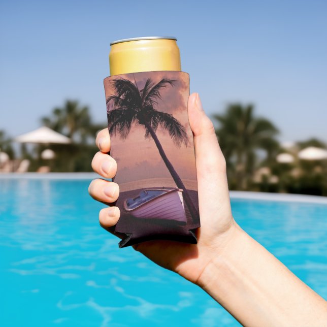 Enfriador De Latas Slim Palm Tree y Bote Beach Sunset (Piscina in situ)