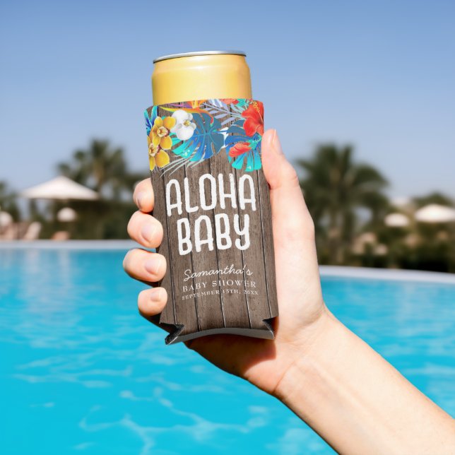 Enfriador De Latas Slim Palm tropical rústica deja a Aloha Baby Shower Gif (Piscina in situ)