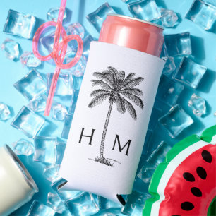 Enfriador De Latas Slim Palma de Palmetto en Blanco y Negro Monograma