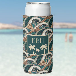 Enfriador De Latas Slim Palmeras Olas Polinesias Monograma Playa Vintage