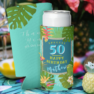 Enfriador De Latas Slim Paraíso Tropical Cumpleaños Anual Verde Azul