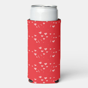 Enfriador De Latas Slim Patrón de corazones rosados flotantes en rojo