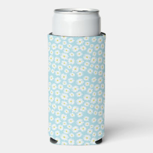 Enfriador De Latas Slim Patrón de flor de margarita amarilla blanca