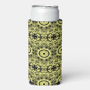 Enfriador De Latas Slim Patrón de mandala floral negra y amarilla