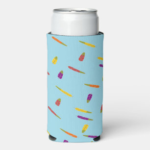 Enfriador De Latas Slim Patrón de plumas multicolor en azul