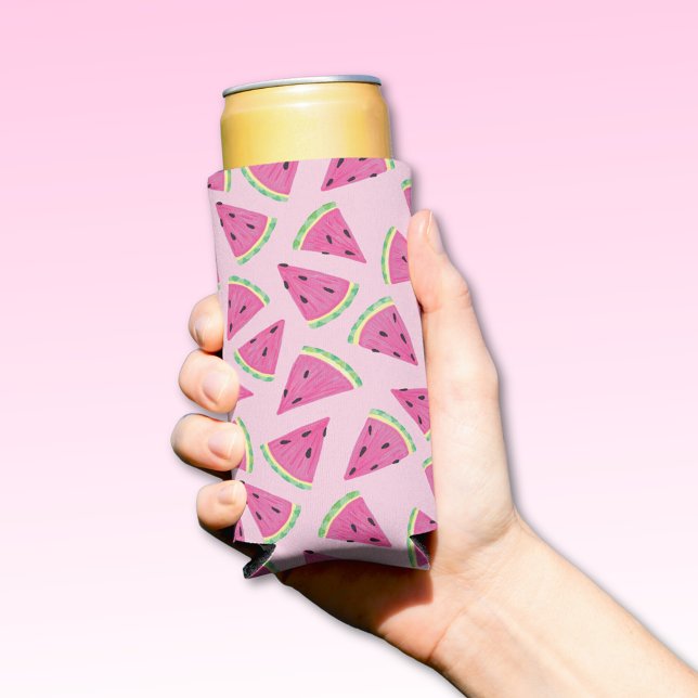 Enfriador De Latas Slim Patrón de sandía rosa (Watermelon pink summer can cooler.  Other colors and matching products available.)