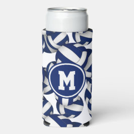 Enfriador De Latas Slim Patrón de voleibol blanco azul monogramado