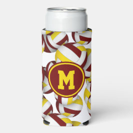 Enfriador De Latas Slim Patrón de voleibol de oro de marrón monogramado